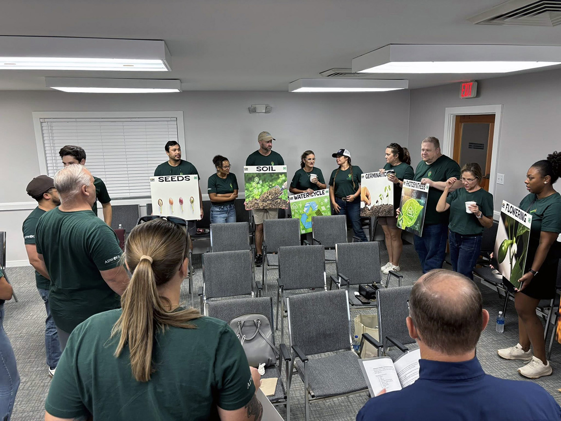 Classroom setting with students gathered near a wall and holding signs.